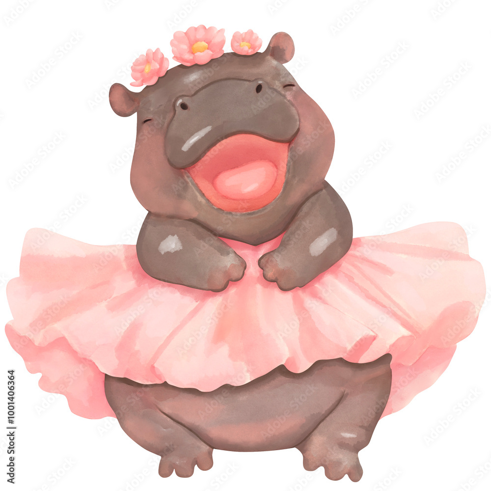 Fototapeta premium A happy baby hippo wearing pink tutu dress in watercolor.