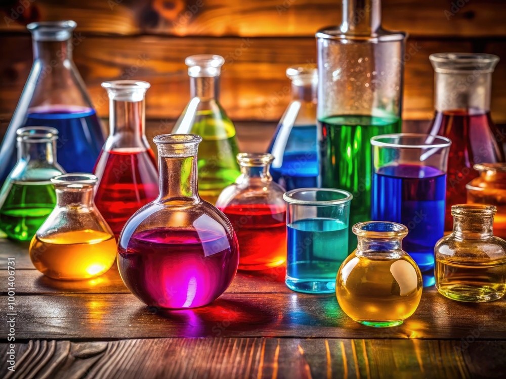 Assorted Glass Vials on a Wooden Surface with Colorful Liquids for Science and Apothecary Use Assorted Glass Vials on a Wooden Surface with Colorful Liquids for Science and Apothecary Use