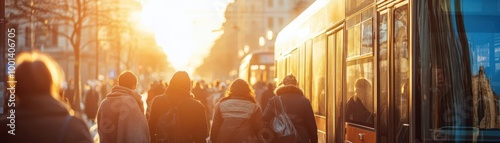 People boarding a bus with morning sunlight, Monday morning, commuting and routine
