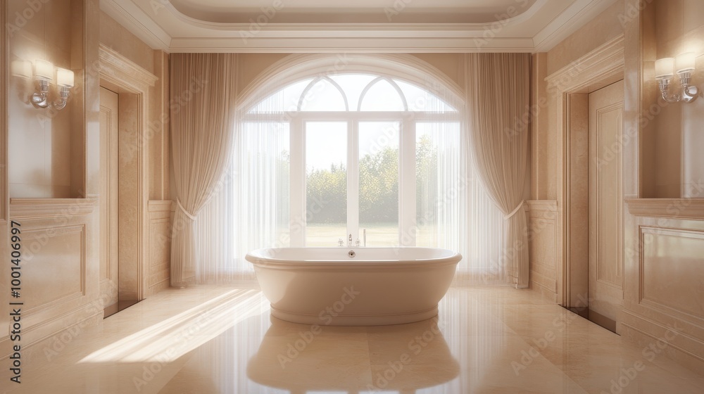 A large bathtub sits in a large room with a window and a curtain A large bathtub sits in a large room with a window and a curtain