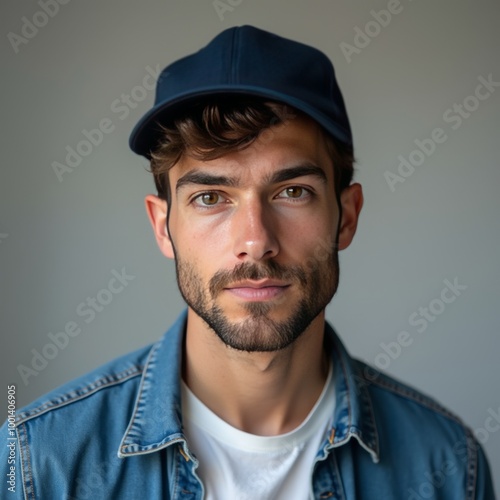 Portrait of a young handsome trendy man wearing a cap of blue jeans color