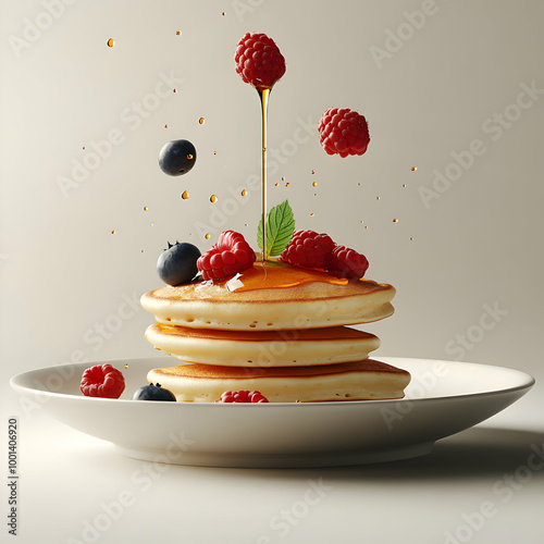 Delicious stacked pancakes topped with fresh berries and dripping syrup, set against a clean white background. photo