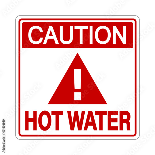 Caution hot water, warning sign with triangle symbol and exclamation point in the middle and texts in upper e lower side. Square shape, red and white colors.