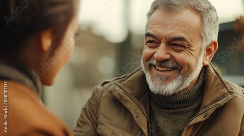 Elderly Man Smiling and Engaging in a Friendly Conversation Outdoors with a Younger Woman