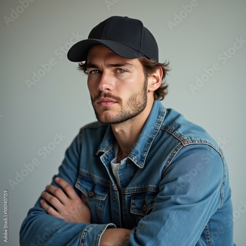 Portrait of a young handsome trendy man wearing a cap of blue jeans color