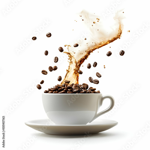 Coffee cup with splashing liquid and flying beans, isolated on white background.