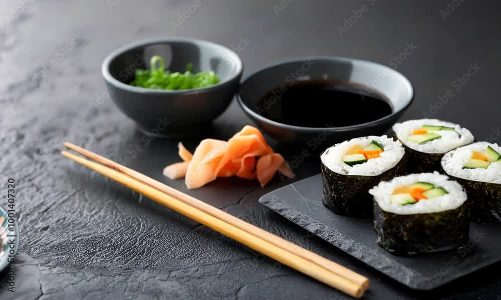 Freshly made vegetable sushi rolls, served with soy sauce and pickled ginger, clean and colorful Freshly made vegetable sushi rolls, served with soy sauce and pickled ginger, clean and colorful
