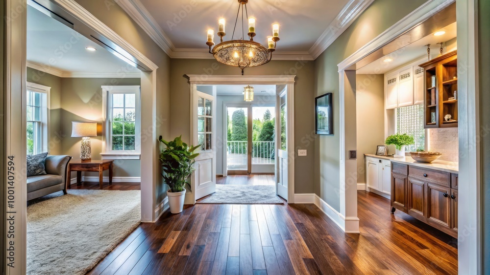 Obraz premium Cozy interior of modern suburban home featuring bright hallway with wooden flooring, decorative chandelier, and inviting entrance with open door to exterior daylight.