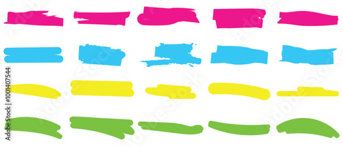 Highlight marker lines. Marker color strokes. Text highlights and underlining. Brush lines. Hand drawn marker strokes. Text marker stripes. 