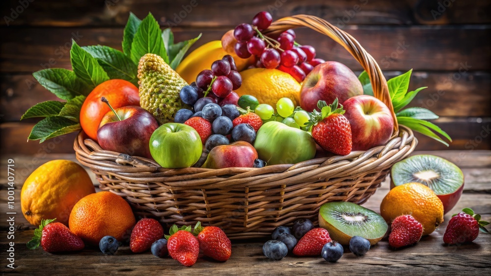 A Vibrant Assortment of Fresh Fruits in a Rustic Basket Placed on a Wooden Table for Display A Vibrant Assortment of Fresh Fruits in a Rustic Basket Placed on a Wooden Table for Display