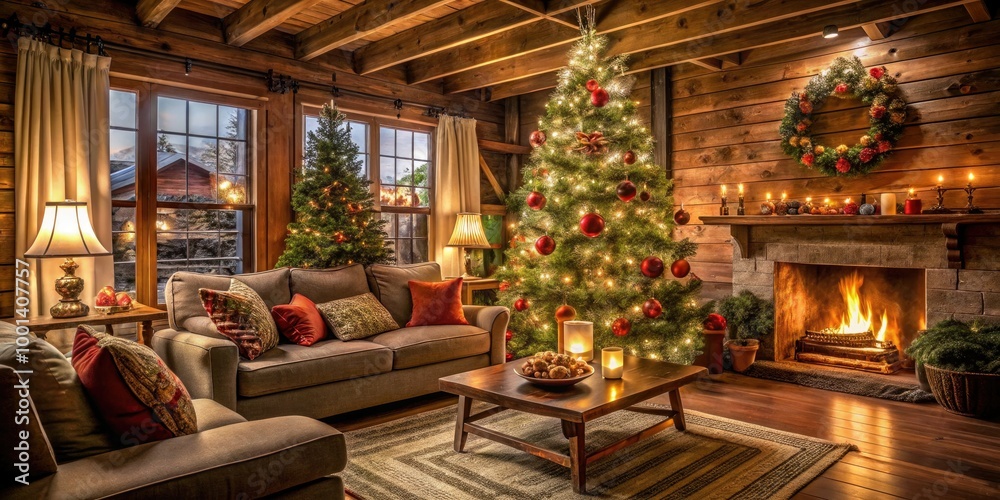 Cozy living room with festive Christmas tree adorned with ornaments and lights, surrounded by plush furniture, rustic wood accents, and warm ambient lighting. Cozy living room with festive Christmas tree adorned with ornaments and lights, surrounded by plush furniture, rustic wood accents, and warm ambient lighting.