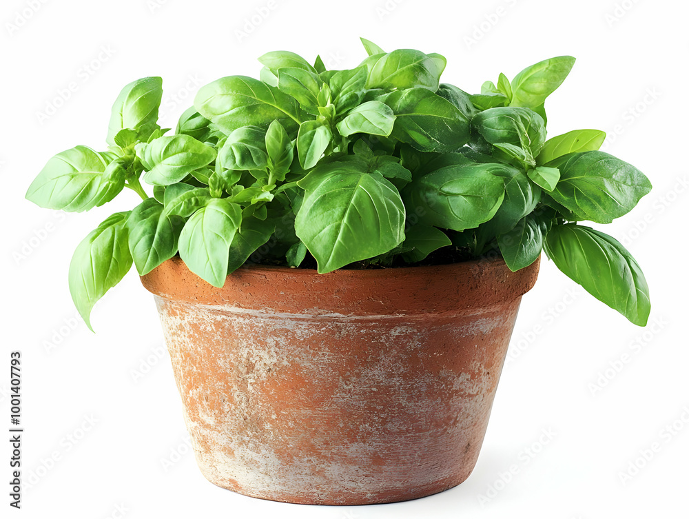 Fresh basil plant in a terracotta pot, vibrant green leaves, perfect for cooking and garnishing dishes. Fresh basil plant in a terracotta pot, vibrant green leaves, perfect for cooking and garnishing dishes.