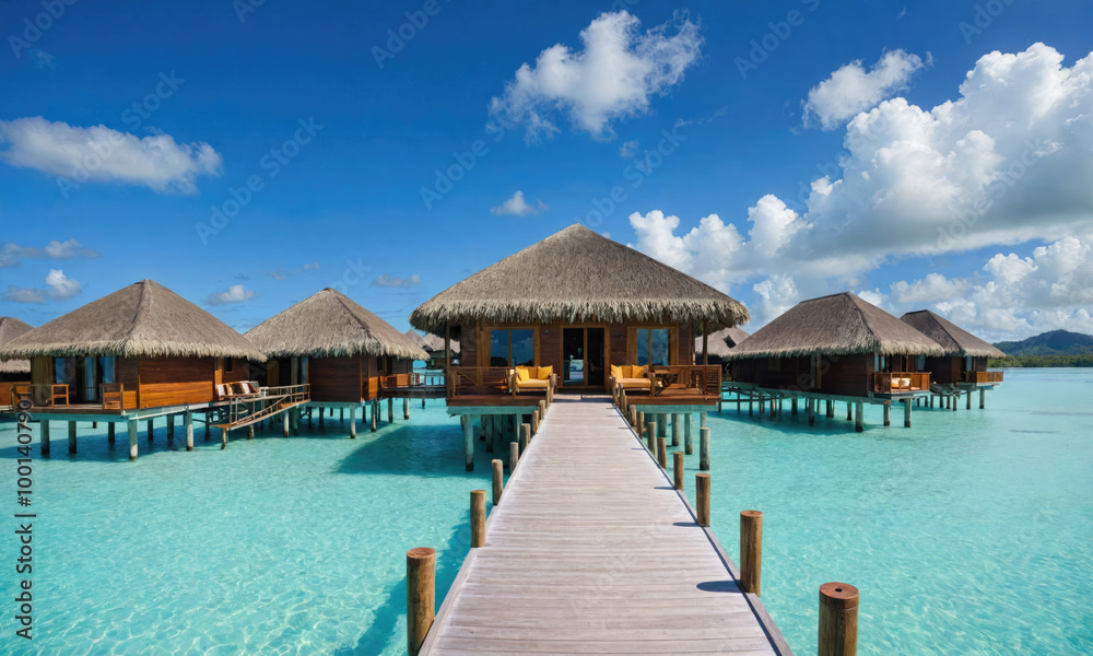 Overwater bungalows on a tropical island offer a serene escape in the turquoise waters Overwater bungalows on a tropical island offer a serene escape in the turquoise waters