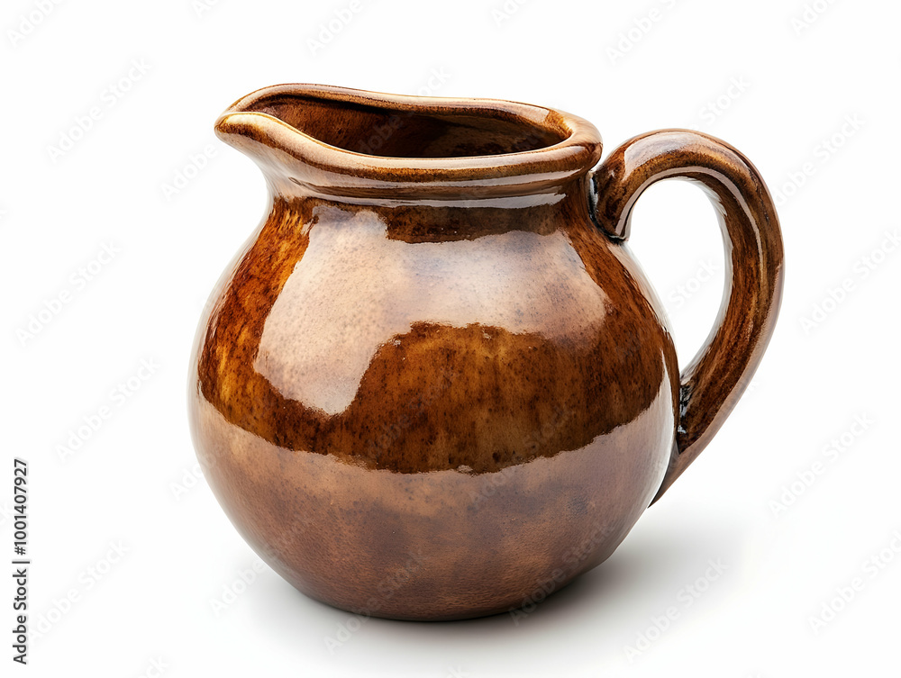 Brown ceramic pitcher with a gloss finish on a white isolate background. Brown ceramic pitcher with a gloss finish on a white isolate background.