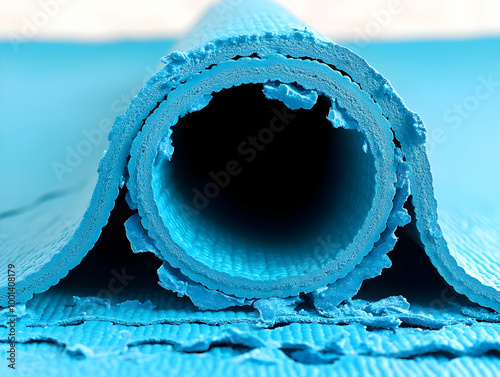 Close-up of a rolled blue yoga mat showing texture and intricate details, isolated on a white background. photo