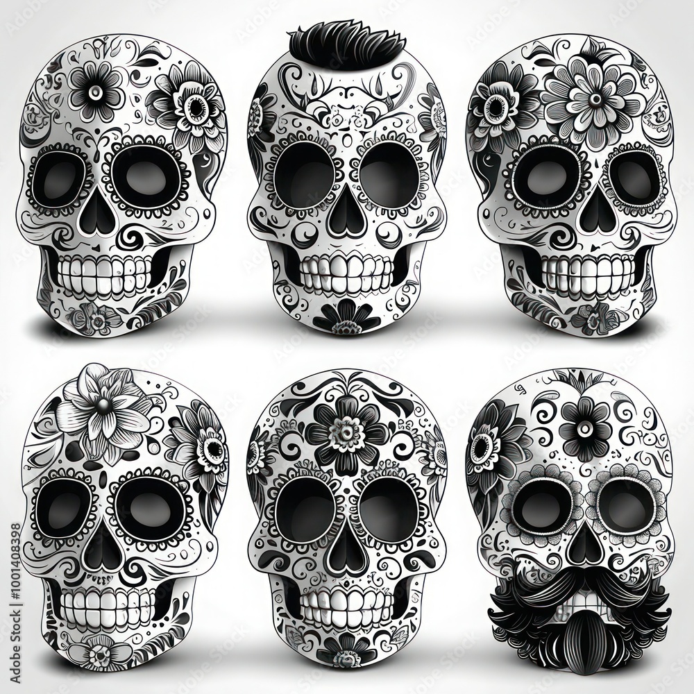 Mexican Sugar Skulls Set with Day of the Dead Design for Poster, Greeting Card, Banner, T-Shirt, Flyer, and Emblem