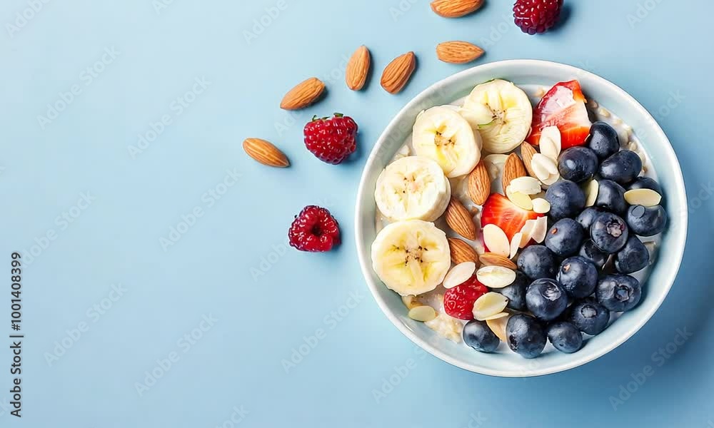 Oatmeal topped with banana slices, blueberries, and almonds, hearty breakfast, rustic setting Oatmeal topped with banana slices, blueberries, and almonds, hearty breakfast, rustic setting