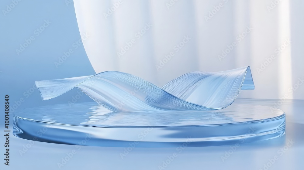 Elegant 3D platform with a transparent glass wavy ribbon on water and a holographic blue geometric backdrop, Elegant 3D platform with a transparent glass wavy ribbon on water and a holographic blue geometric backdrop,