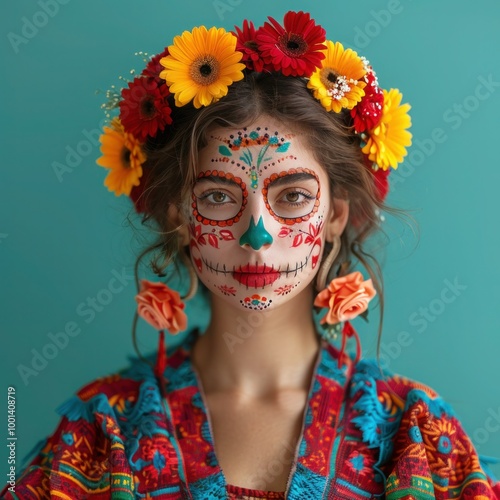 Day of the Dead: Colorful Background with Young Woman in Painted Skull Makeup