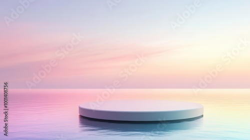 Elegant 3D render featuring a round platform on water with glass panels. Minimal rainbow-colored landscape for product showcase banners.