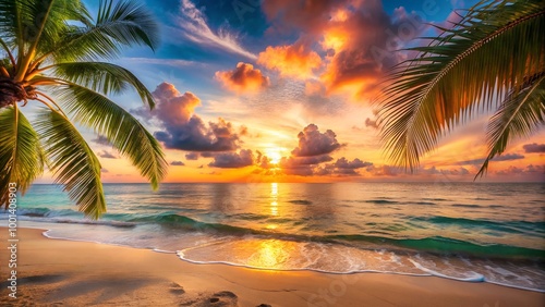 Tropical beach sunset background  with palm trees and vibrant colors reflecting on the water 