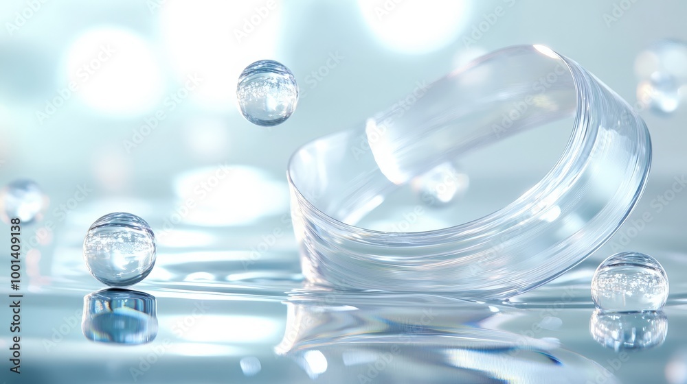 Elegant 3D render of a glass ribbon on water with surrounding geometric circles and spheres. Holographic shapes in motion add an iridescent digital art touch Elegant 3D render of a glass ribbon on water with surrounding geometric circles and spheres. Holographic shapes in motion add an iridescent digital art touch