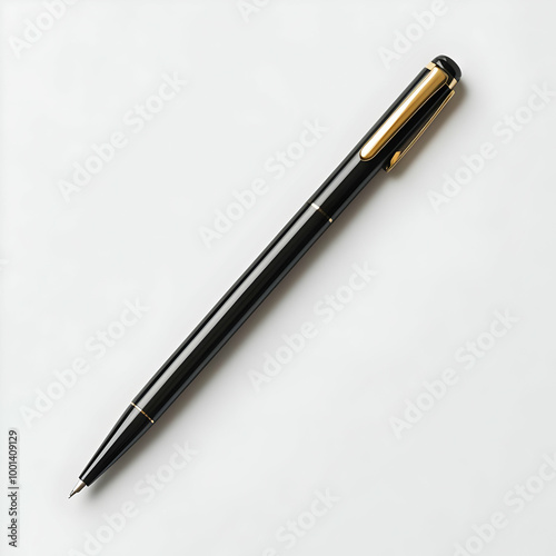 A sleek black pen with gold accents, isolated on a white background, perfect for office supplies or business concepts.