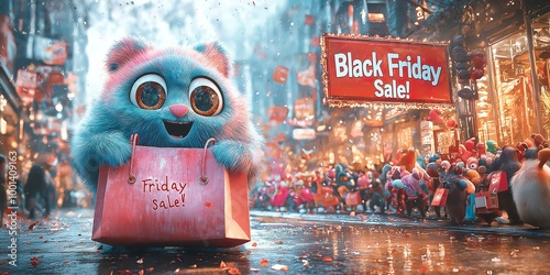 A whimsical cartoon-style scene of a joyful, oversized shopping bag character with big, sparkling eyes, standing in front of a giant 