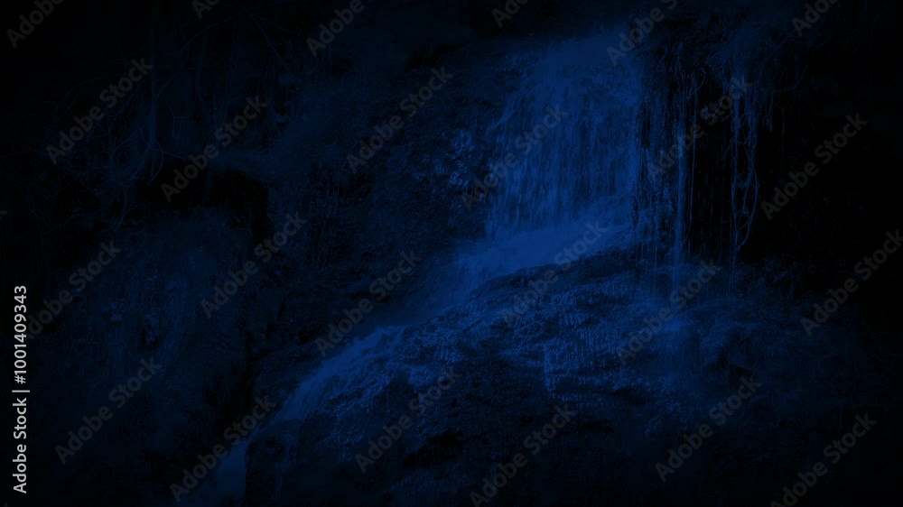 Waterfall Down Rock Face At Night