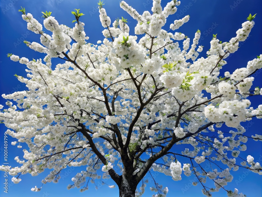 Beautiful Cherry Tree in Bloom with White Flowers and Green Leaves Against a Clear Blue Sky Beautiful Cherry Tree in Bloom with White Flowers and Green Leaves Against a Clear Blue Sky