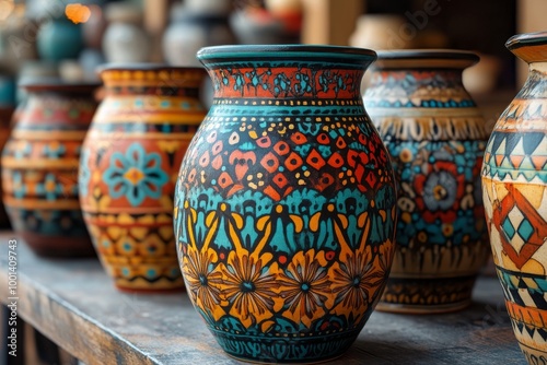 Colorful handmade vases with intricate patterns showcasing traditional pottery craftsmanship