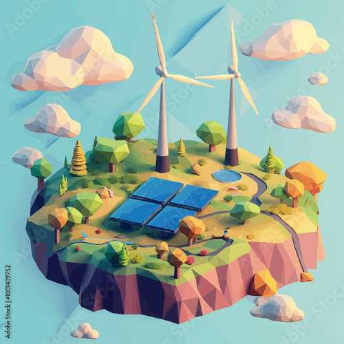 Isometric Renewable Energy Landscape Wind Turbines Solar Panels