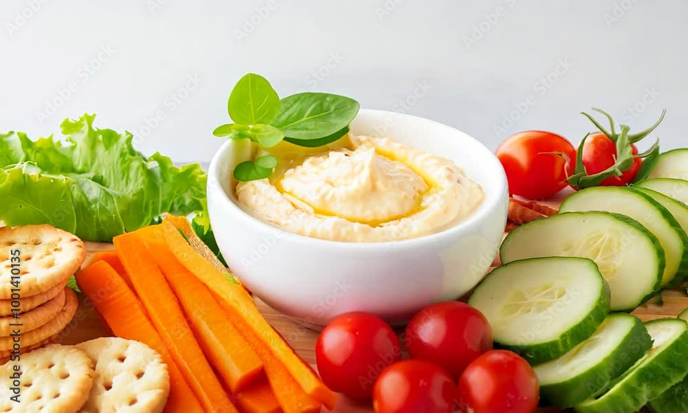 Healthy breakfast platter with hummus, veggies, and whole grain crackers, top view Healthy breakfast platter with hummus, veggies, and whole grain crackers, top view