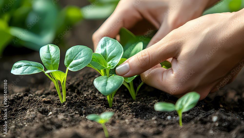 Close-up of hands planting a young plant in soil, with space for text Generated with AI Close-up of hands planting a young plant in soil, with space for text Generated with AI