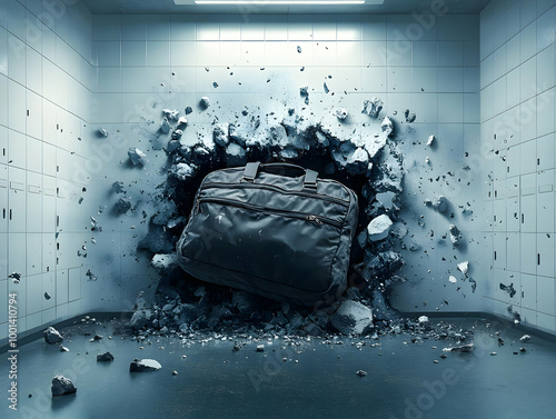 A black suitcase bursting through the wall in a dramatic scene, symbolizing adventure and urgency. photo