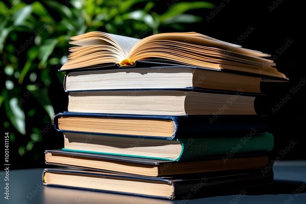 Naklejka premium Book stack on a table, with every crease and page edge sharply defined, sunlight casting soft shadows over the pile