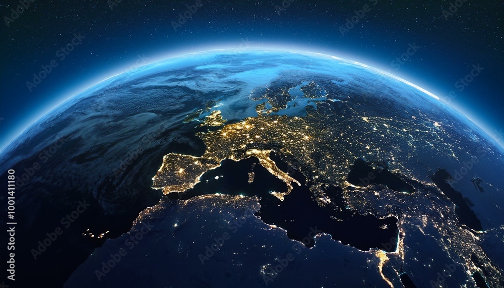 Fototapeta premium 夜の地球を宇宙から見た風景。大陸ごとに明るく輝く都市の灯が、まるで星座のように地球上に広がり、文明の息吹を感じさせる。その光の中に、海や山、森林が静かに黒く気づく
