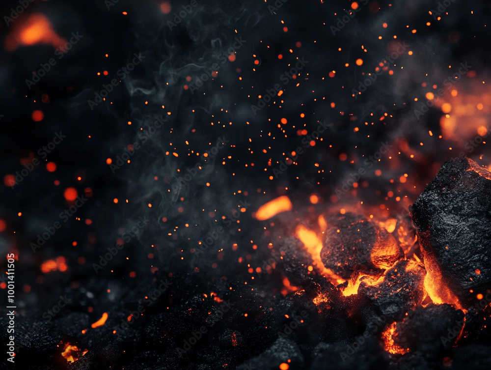 Fiery embers and particles over a black background, with burning coals and smoke
