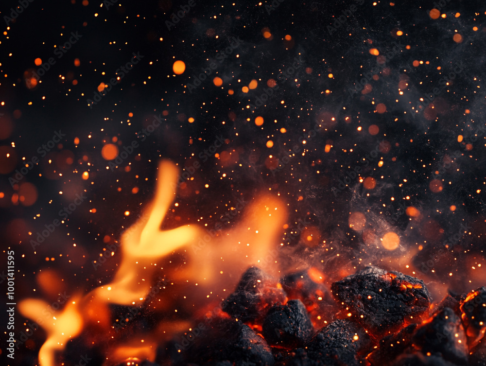 Fiery embers and particles over a black background, with burning coals and smoke Fiery embers and particles over a black background, with burning coals and smoke