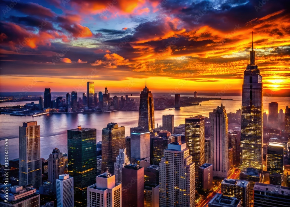 Obraz premium Dark silhouette of iconic skyscrapers and towering buildings against vibrant hues of sunset, overlooking tranquil Hudson River waters and bustling city streets below.