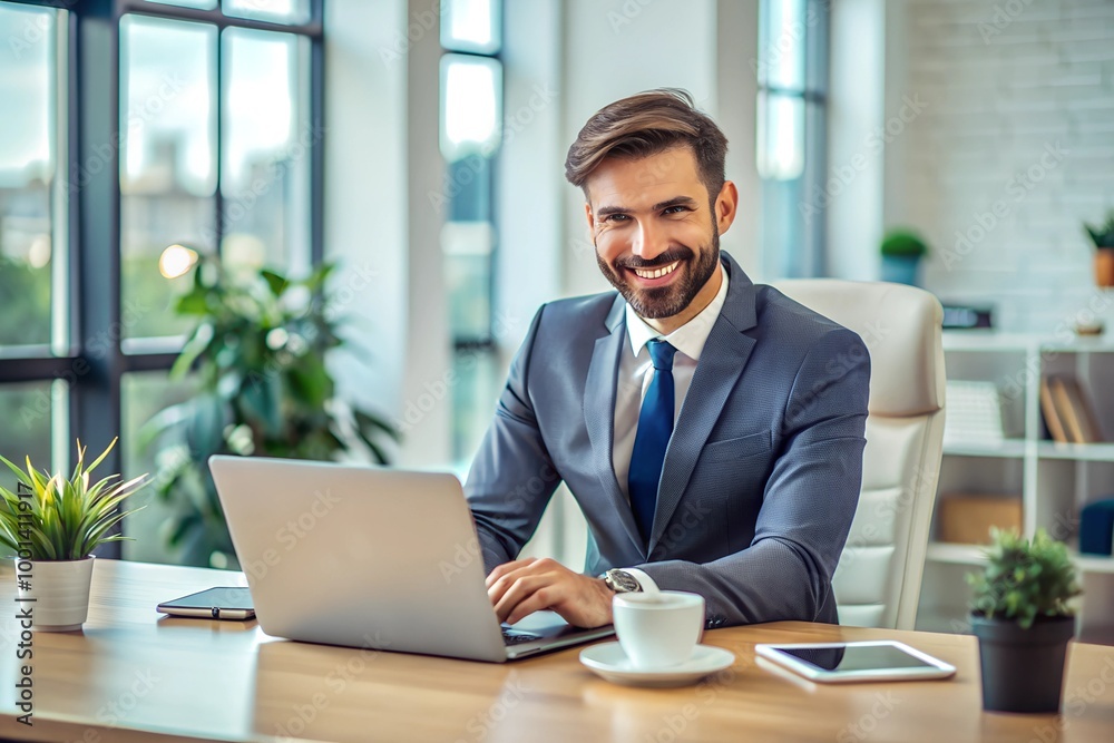 Businessman working in office with happy to succeed Businessman working in office with happy to succeed