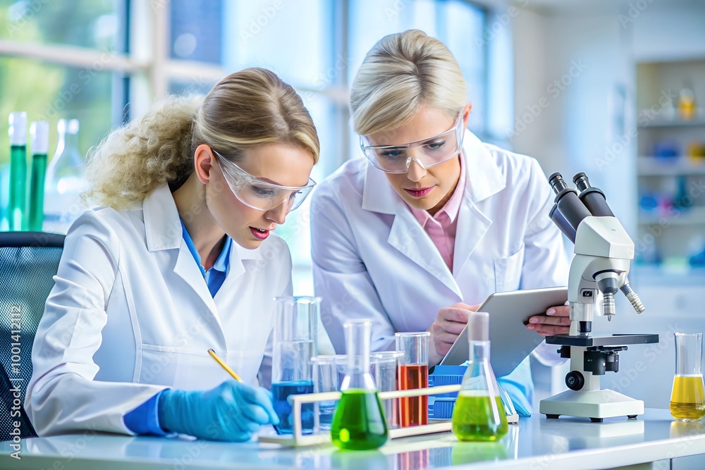 Woman and scientist with work in laboratory for medical research or experiment Woman and scientist with work in laboratory for medical research or experiment