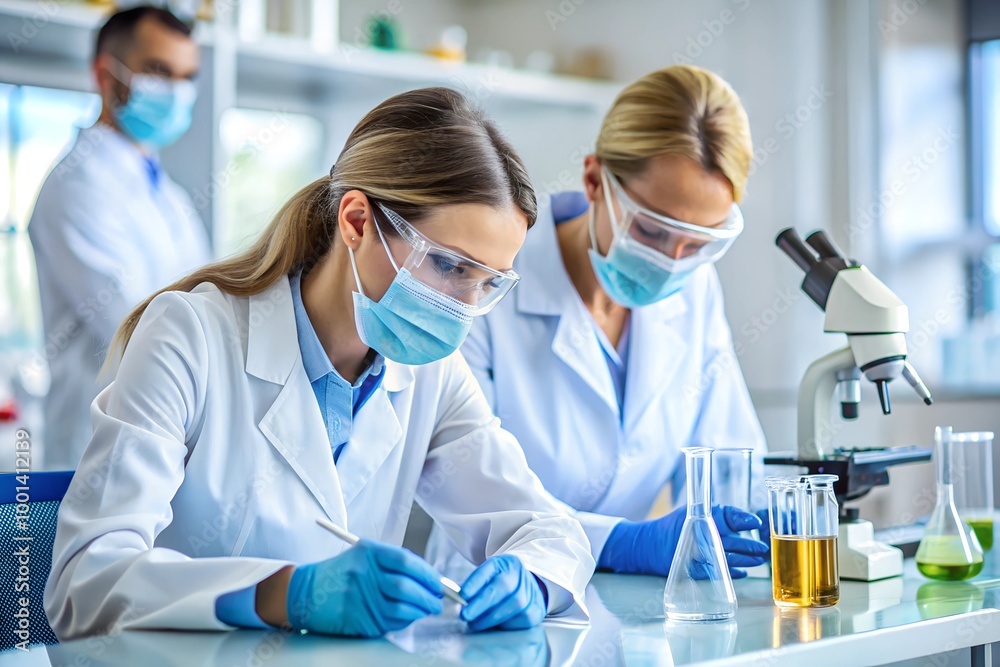 Woman and scientist with work in laboratory for medical research or experiment Woman and scientist with work in laboratory for medical research or experiment