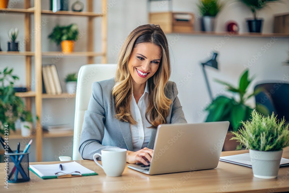 woman working in office with happy to succeed