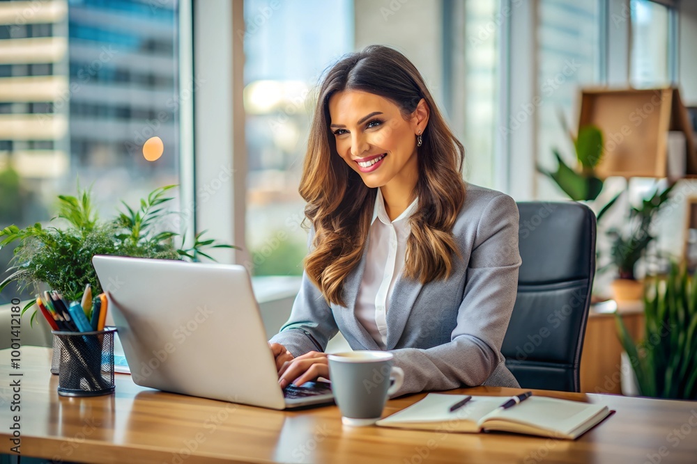 woman working in office with happy to succeed woman working in office with happy to succeed