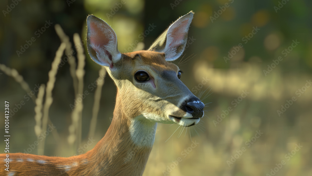 Detailed shot of a young deer, with soft sunlight illuminating its features in a serene forest Detailed shot of a young deer, with soft sunlight illuminating its features in a serene forest