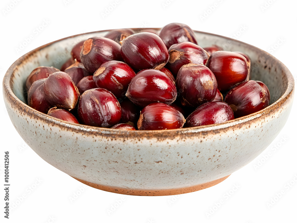A bowl filled with vibrant reddish-brown chestnuts, showcasing their rich color and glossy texture. A bowl filled with vibrant reddish-brown chestnuts, showcasing their rich color and glossy texture.