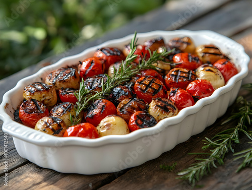 Deliciously grilled tomatoes and onions garnished with fresh rosemary on a rustic wooden table. photo