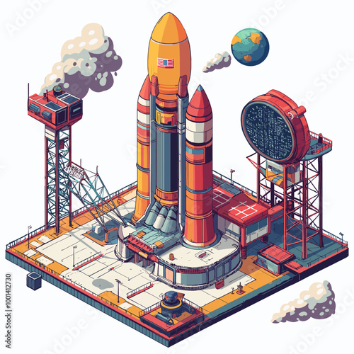 Isometric Rocket Launch Facility Vector Illustration