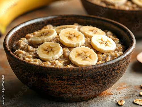 A delicious bowl of oatmeal topped with fresh banana slices, perfect for a healthy breakfast option.